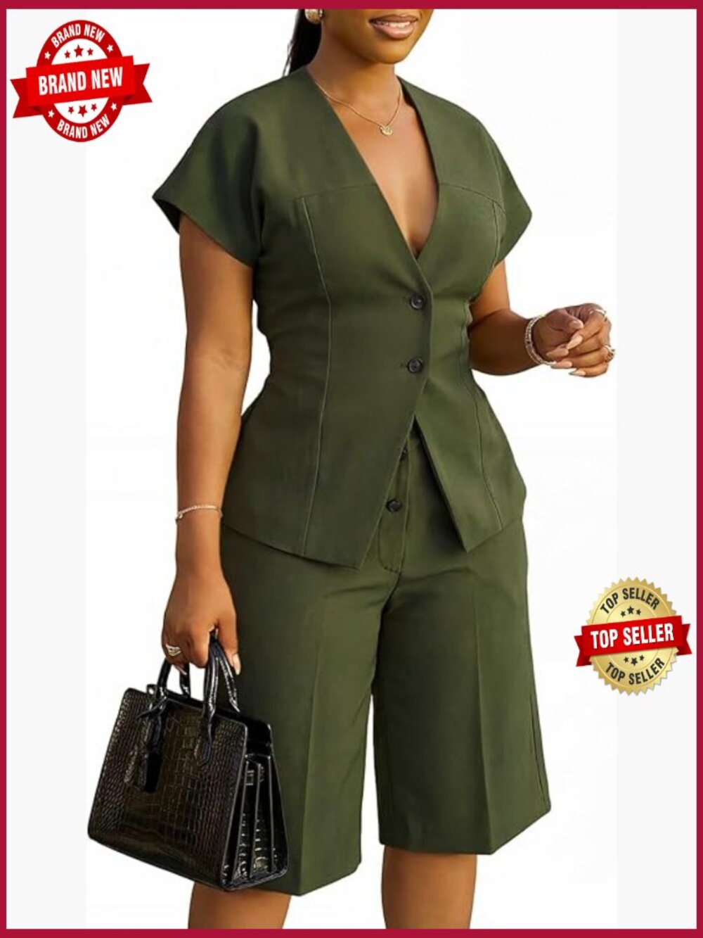 Women's Two Piece Suit Set Short Sleeve Blazer Wide Leg Pants Business Casual